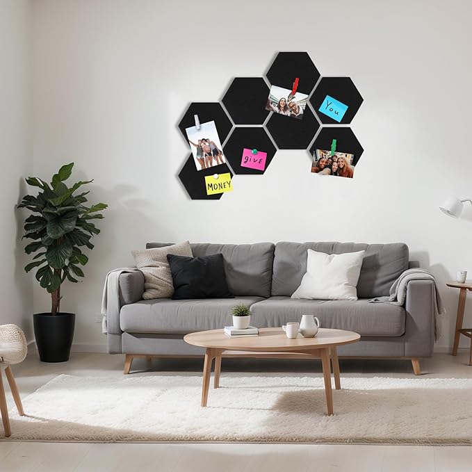 8 Pcs 12" Large Hexagon Felt Cork Bulletin Board Tiles Self Adhesive DIY Pin Board with 50 Push Pins and 10 Colored Clips, Wall Decor for Office Home Kitchen Photos Memos(Colorful)