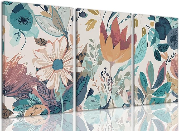 TUEASKY 3 Piece Canvas Wall Art Flower Wall Decor Botanical Pictures Floral Paintings Watercolor Prints Boho Artwork for Bedroom Bathroom Living Room