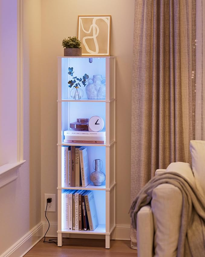Bookshelf with LED Lights, Modern 4-Tier Bookcase, Open Storage Book Shelf, 11 × 14.2 × 50.4 Inches, Small Narrow Bookshelves for Living Room, Home Office, Bedroom, White