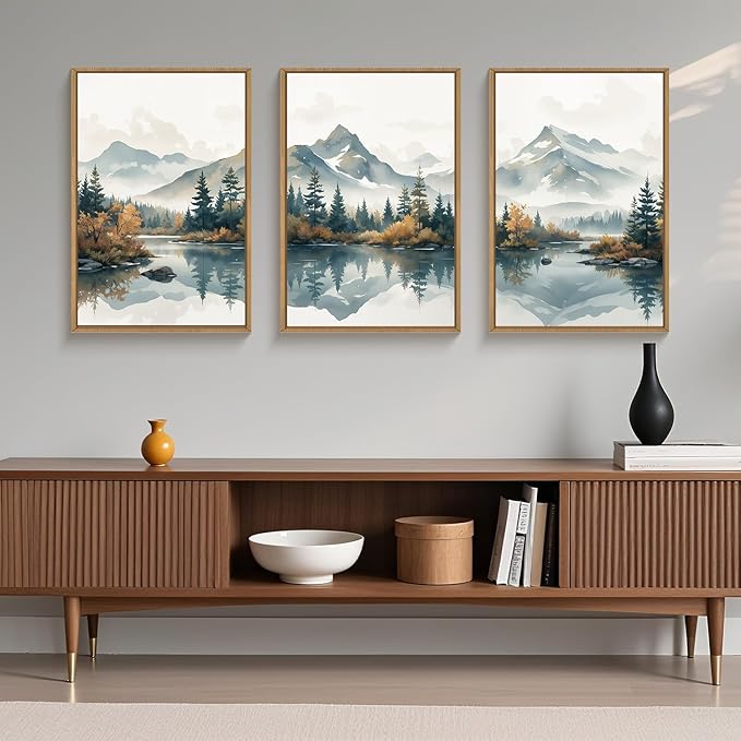 HLNIUC Large White Mountain Wall Art Framed, Snowy Green Forest Decor Set of 3 (16"x24"), Watercolor Winter Misty Nature Prints, Foggy Lake Landscape Canvas Painting for Living Room, Bedroom, Office