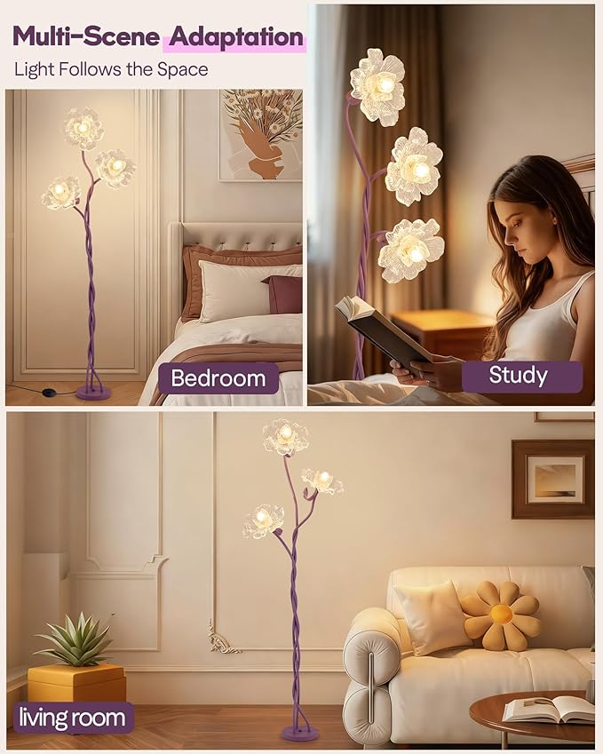 3 Light Flower Floor Lamps for Living Room, Standing Floor Lamp with Flexible Gooseneck, Unique Floor Lamp with 3 Color Temperatures, Tall Corner Floor Lamps for Living Room, Bedroom—Purple