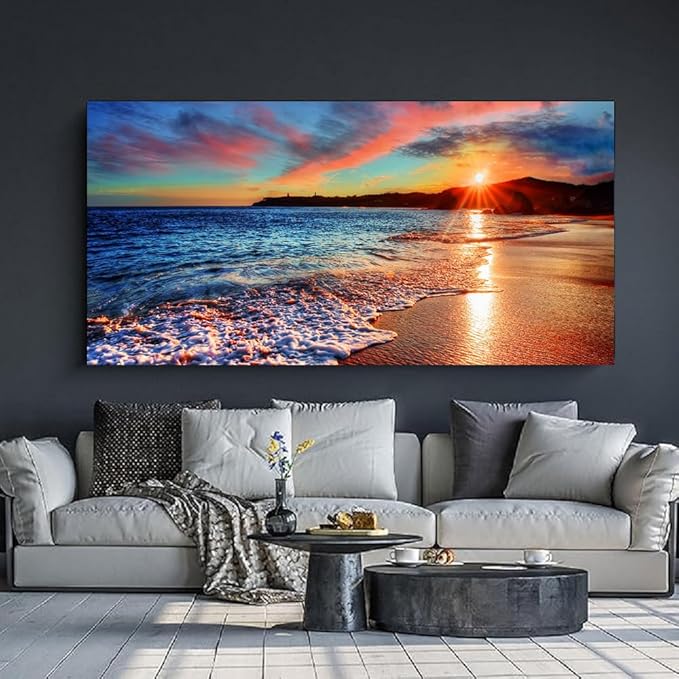 Yxbhhym-Large Pictures for Living Room Wall Art Sunset Beach Artwork for Walls Coastal Room Decor Ocean Canvas Print Art Seascape Painting Sea Poster Bedroom Wall Decor Office Home Decoration