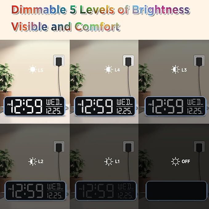 Peakeep Loud Digital Alarm Clock Large Display for Bedrooms with Date, Day of Week, Auto DST, Desk Clock Electric Plug in for Living Room, Battery Backup, USB Port, 5 Dimmers