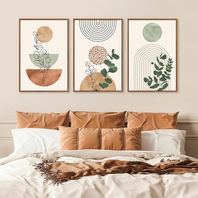 Boho Terracotta Green Framed Canvas Wall Art Set, Abstract Plant Wall Decor, Mid Century Modern Geometric Wall Painting, Neutral Abstract Art Print to Living Room, Bedroom, Office 36"x24"x3