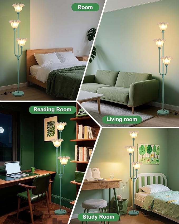 66'' Flower Floor Lamp for Living Room, Vintage Floral Floor Lamp with LED Bulbs, 3 Light 3000K Soft Warmwhite Mid Century Standing Tall Lamps for Bedroom/Sofa Beside/Corner Decor-Grey Green