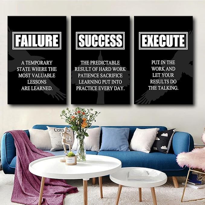 3 Pieces Inspirational Canvas Wall Art Motivational Entrepreneur Quotes Picture Painting Failure Success Execute Noun Poster Print for Living Room Office Gym Wall Decor Ready to Hang [72''Wx36''H]