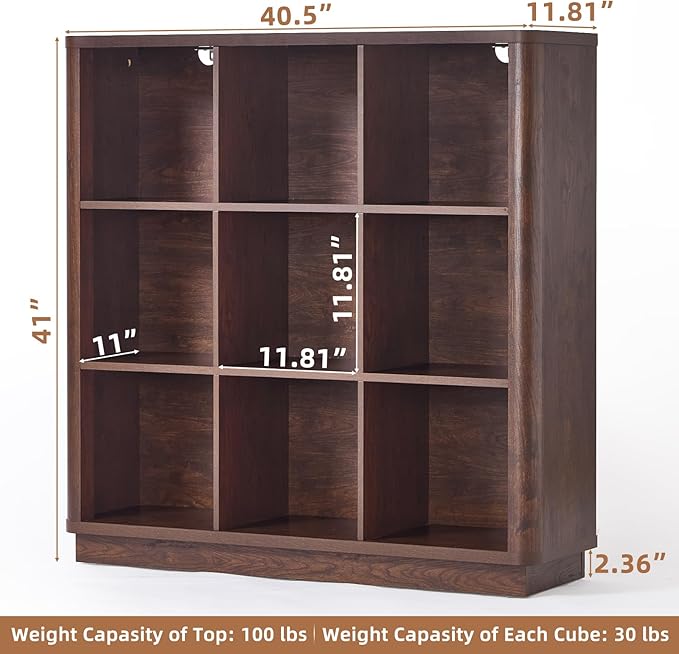 9 Cube Bookshelf, 40.5" Wide Organizer Bookcase with Curved Edge, Wood Floor Standing 3-Tier Cubby Book Shelf with Base, Vintage Display Storage Cabinet for Living Room, Home Office, Walnut