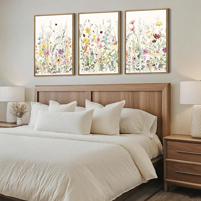BINCUE Floral Wall Art Colorful Wildflower Wall Decor Boho Flowers Wall Paintings Flower Artwork Framed Floral Artprints for Living Room Bedroom Farmhouse Home Decor 16x24 Inches Set of 3