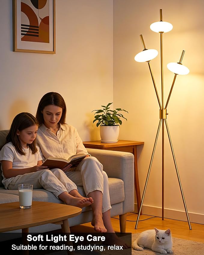 Lightdot Tripod Floor Lamp Stepless Dimmable Gold Standing Tall Lamps with 3PCS Elliptical Lampshades Mid Century Modern Floor Lamps for Living Room/Bedroom/Sofa Beside/Corner Decor