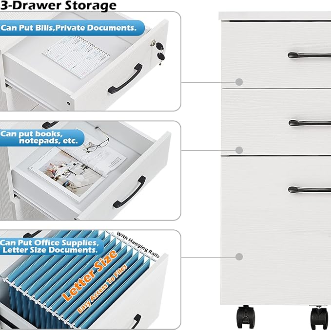 Panana 3 Drawer Wood Mobile File Cabinet, Under Desk Storage Drawers Small File Cabinet for Home Office (White)
