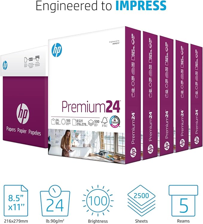 HP Printer Paper | 8.5 x 11 Paper | Premium 24 lb | 5 Ream Case - 2500 Sheets | 100 Bright | Made in USA - FSC Certified | 115300C