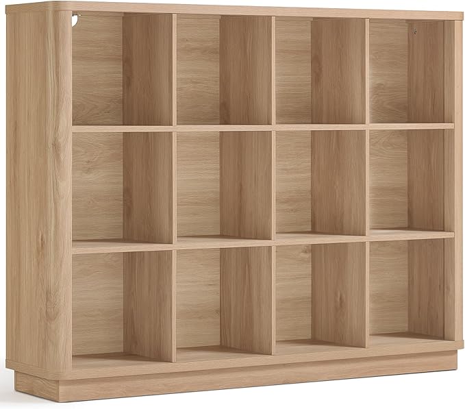 12 Cube Storage Organizer, 41" Large Bookshelf with Curved Edge, Wood Floor Standing 3-Tier Cubby Bookcase with Base, Rustic Display Storage Cabinet for Living Room, Home Office, Natural Oak