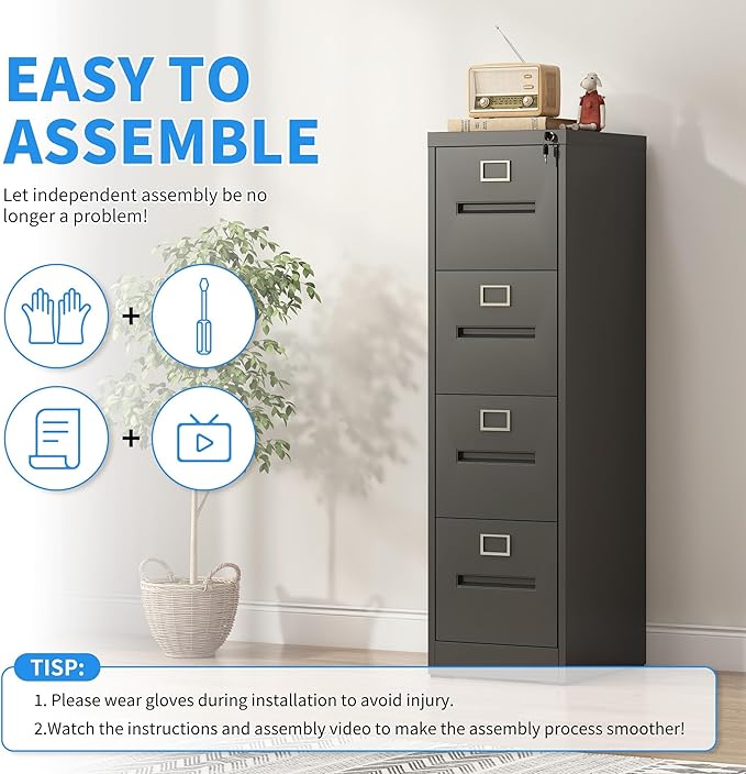 4 Drawer File Cabinet with Lock, Metal Vertical Filing Cabinet for Home Office, Office Furniture for Organization Hanging Files for A4/ Legal/Letter, Heavy Duty Storage Cabinet,Require Assembly-Black