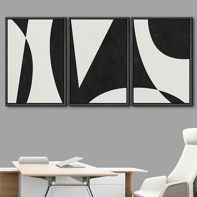 IDEA4WALL Framed Canvas Print Wall Art Set Art Deco Mid-Century Black White Polygons Abstract Shapes Illustrations Modern Art Contemporary for Living Room, Bedroom, Office - 24"x36"x3 Black