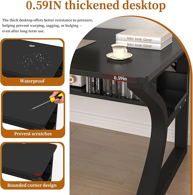 AZN Computer Desk, Computer Desk 47in, Office Desk w/Metal Frame & Storage, Office Desk for Study Writing Work Game, Home Office Desk Computer Desks w/Waterproof & Scratch-Resistant Surface, Black