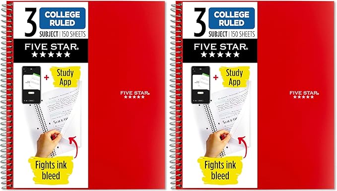Five Star Spiral Notebook + Study App, 3 Subject, College Ruled Paper, Fights Ink Bleed, Water Resistant Cover, 8-1/2" x 11", 150 Sheets, Red (72065) (Pack of 2)