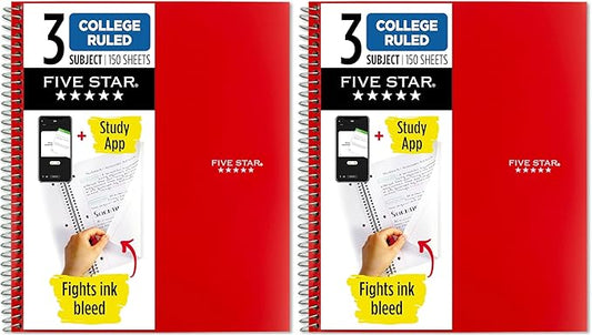 Five Star Spiral Notebook + Study App, 3 Subject, College Ruled Paper, Fights Ink Bleed, Water Resistant Cover, 8-1/2" x 11", 150 Sheets, Red (72065) (Pack of 2)