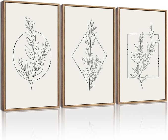 Drsoum Minimalist Flower Wall Art Vintage Wall Hanging Decor Black Line Botanical Prints Artwork for Bedroom Living Room Hallway 16x24in Natural Framed