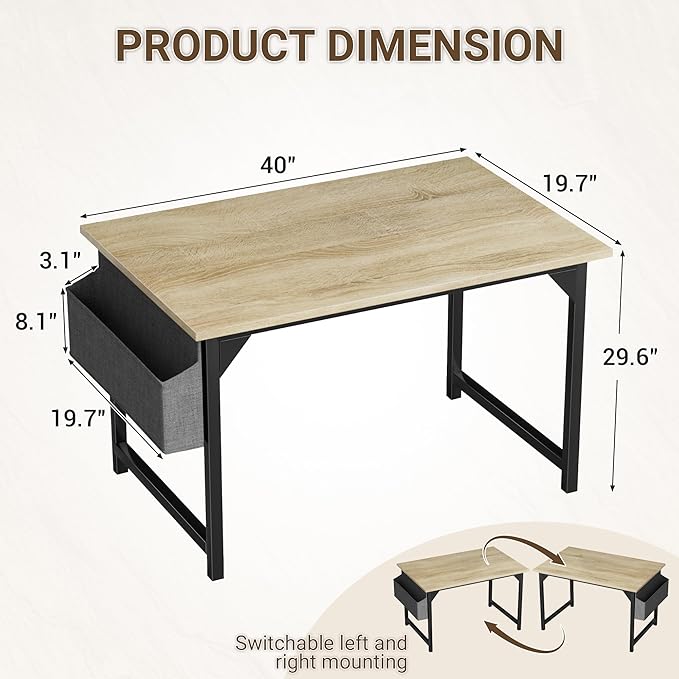 Furmax Computer Desk 40 Inch Small Office Desk with Storage Bag & Headphone Hook, Workstation for Home Office, Modern Writing Study Table (Oak)