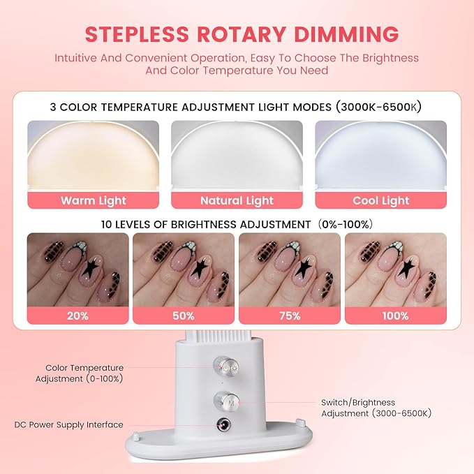 Half Moon Light for Nail Desk: 18.5" Half Moon Nail Tech Light with Phone Holder -Shadow-Free Arch Nail Table Lamp with with 3 Color Modes & 10 Brightness for Manicure Salon (White, 18inch)
