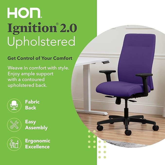 HON Ignition 2.0 Fabric Office Chair, Upholstered, Adjustable Arms, Standard Synchro-Tilt Recline Executive Ergonomic Office Chair, Black Frame, Iris