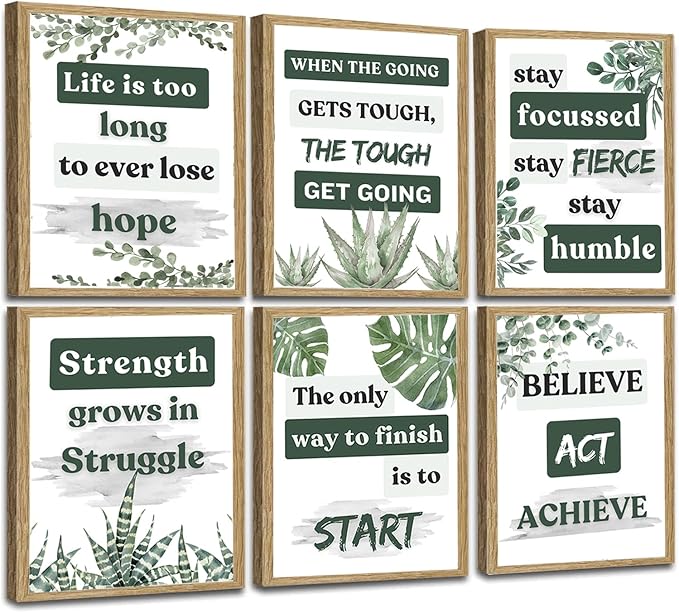 Induslyfe Framed Motivational Wall Art for Living room Bedroom Office Canvas Wall Art pictures for Classroom,Affirmations Inspirational Decor Olive Eucalyptus,Positive Quotes for Office Set of 6, 9x12