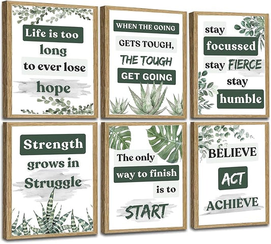 Induslyfe Framed Motivational Wall Art for Living room Bedroom Office Canvas Wall Art pictures for Classroom,Affirmations Inspirational Decor Olive Eucalyptus,Positive Quotes for Office Set of 6, 9x12