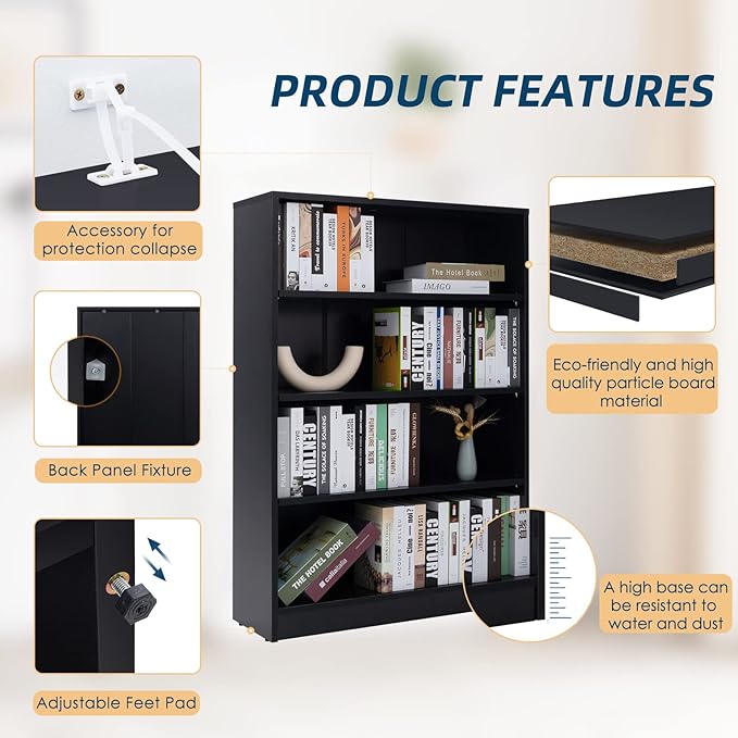 Farini Black Bookshelf for Bedroom 4 Shelf Office Bookcase 48 Inches Tall Modern Wood Bookshelf for Living Room 4 Tier Wide Manga Books