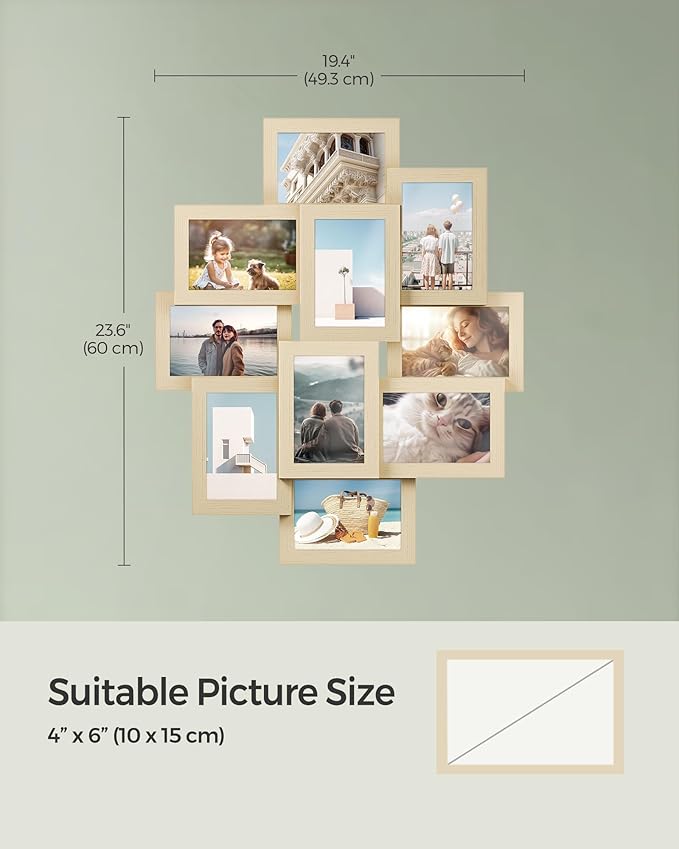 SONGMICS 4x6 Collage Picture Frames, 10-Pack Photo Collage Frame for Wall Decor, Glass Front, Assembly Required, Natural Beige URPF020N01