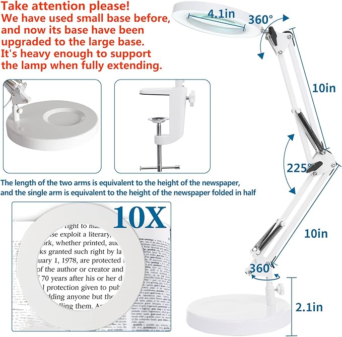 HITTI 10X Magnifying Glass with Light, 1,800 Lumens Stepless Dimmable, 3 Color Modes, 4.2″ Real Glass Lens LED Magnifying Desk Lamp & Clamp, Magnifier Light and Stand for Crafts Close Work-White