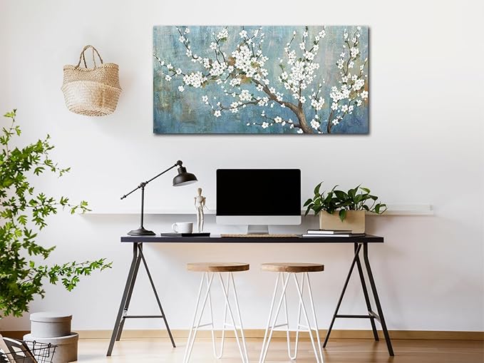yearainn Elegant Flowers Canvas Wall Art - Plum Blossom Pictures for Wall Decor Rustic Turquoise Canvas Painting Nature Printing Artwork for Living Room Bedroom Home Office Wall Decoration 20" x 40"