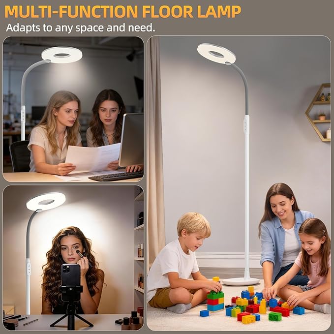 GyroVu LED Floor Lamp, Touch Control Bright Reading Floor Lamps for Living Room, 70'' Dimmable 3 Color Temperature Standing Tall Lamp with Adjustable Gooseneck for Bedroom Office Craft Sewing, White