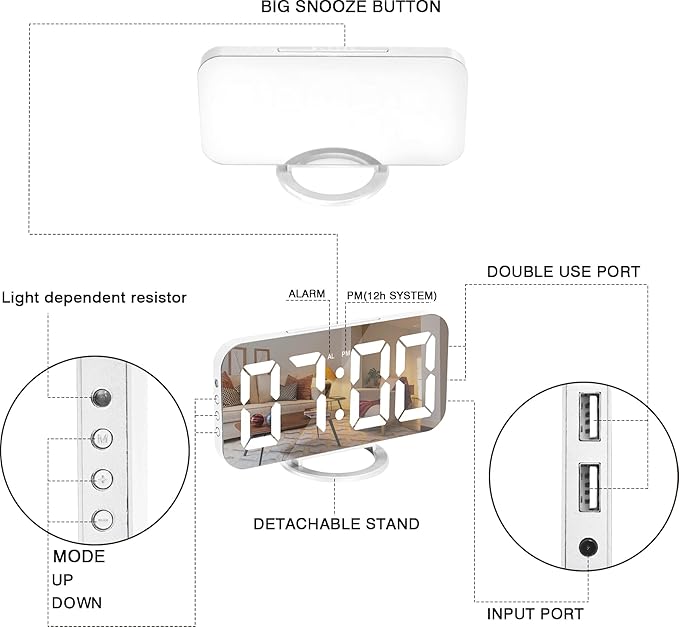 Sukeen Digital Alarm Clock,6" Large LED Display with Dual USB Charger Ports | Auto Dimmer Mode | Easy Snooze Function, Modern Mirror Desk Wall Clock for Bedroom Home Office for All People (White)
