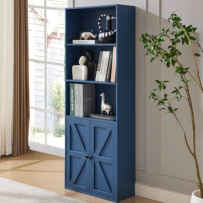 Blue 5-Tier Bookshelves for Living Room, Farmhouse Tall Bookcase with Doors, Wooden Bookshelf with Storage Cabinet and Shelves for Living Room, Home Office (2PCS)