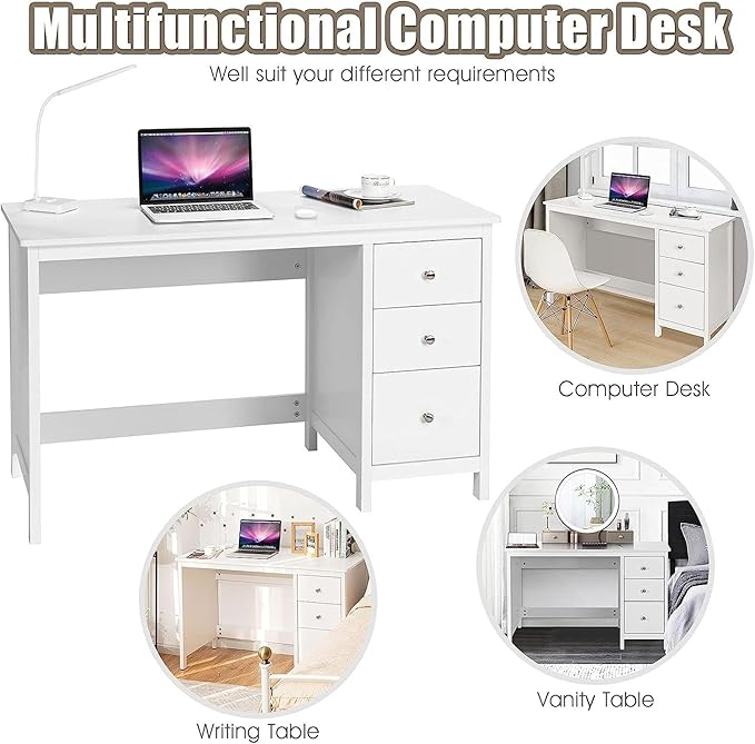 GOFLAME 3-Drawer Computer Desk, Study Desk with Spacious Desktop, Modern Writing Desk, Compact Laptop Desk, Multipurpose Workstation for Home Office, White