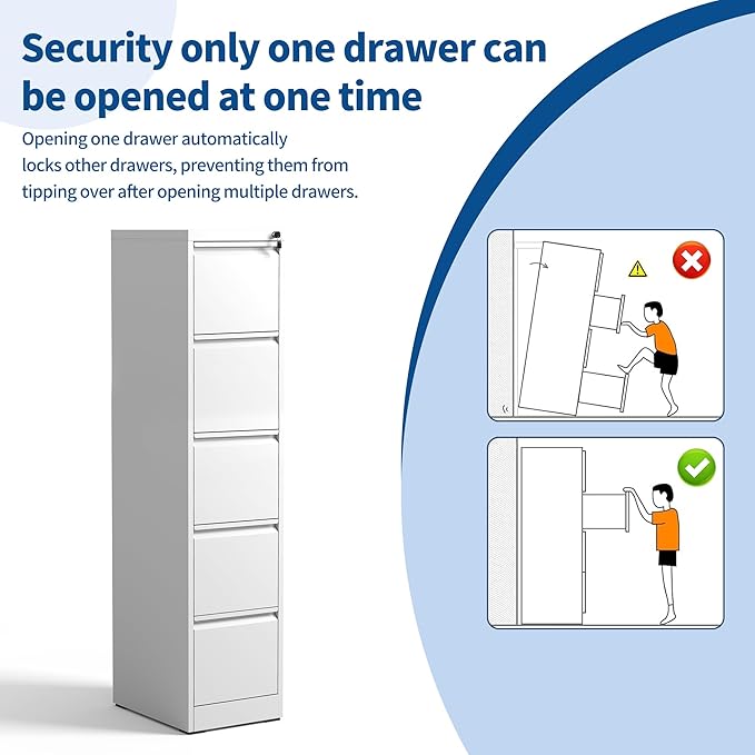 5 Drawer File Cabinet with Lock, Metal Filing Cabinet for Home Office, Vertical File Cabinet for Letter/Legal/A4/F4 Documents, Easy to Assemble Steel Storage Cabinet