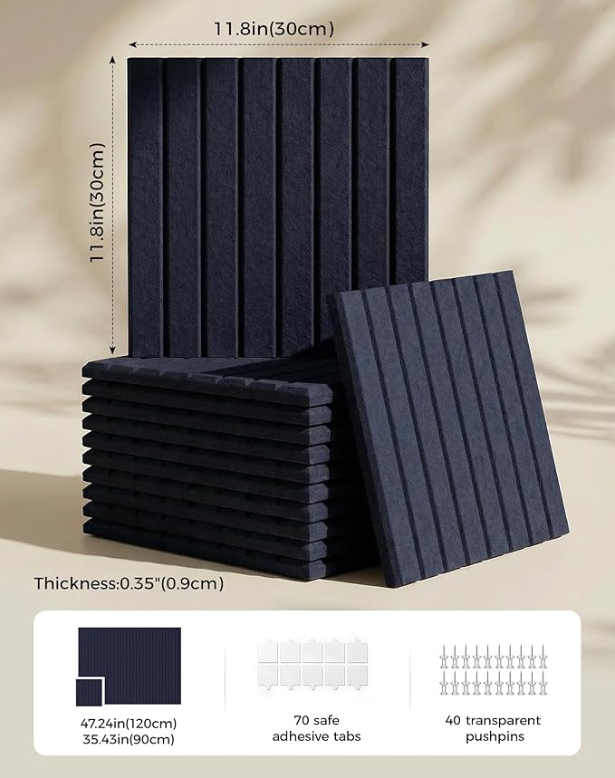 Aothia 12-Pack Large Felt Bulletin Board 48"x36", Modular Pin Board Tiles for Wall, Cork Board Alternative for Office & Classroom, Includes 70 Adhesive Tabs & 40 Pushpins, Navy Blue