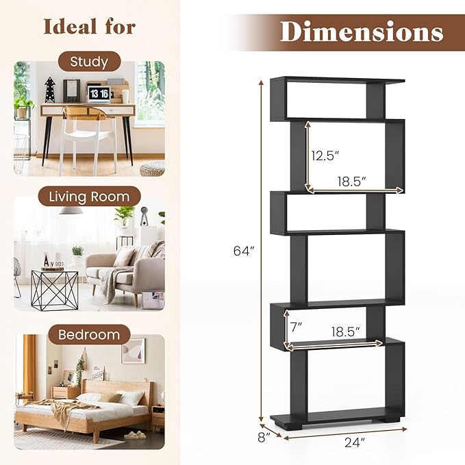 Giantex 6-Tier Geometric Bookshelf, S-Shaped Bookcase with 2 Anti-Tipping Kits, Wooden Display Shelf, Decorative Storage Shelving Unit, Home Storage Organizer for Office Living Room (1,Black)