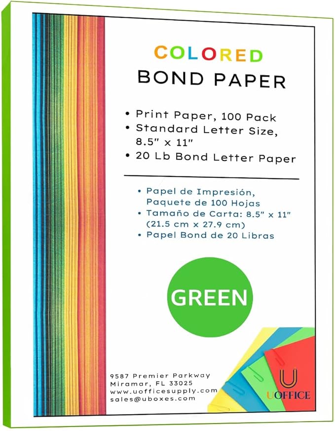 Colored Bond Paper Bundle 8.5" x 11", 20lbs, 100 Pages, Green