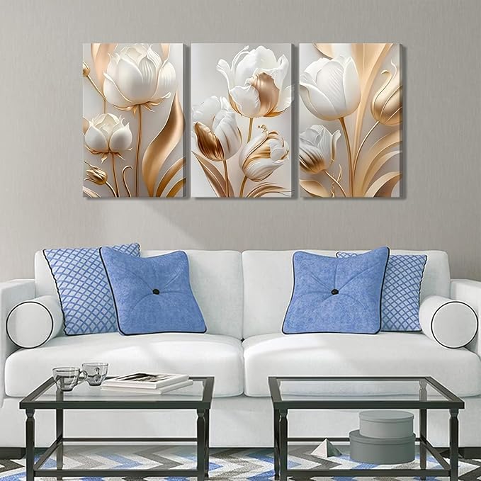 3Pcs Vintage Minimalist Floral Canvas Wall Art White Gold Abstract flowers Wall Decor Pictures Modern Luxury Prints tulip Plants Painting Artwork for Office Home Decoration 16x24in