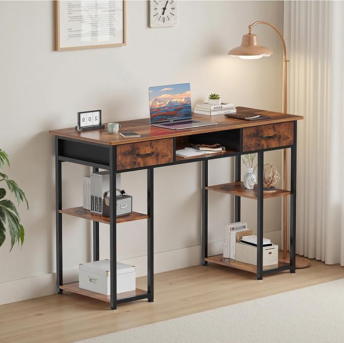 DUMOS 48" Small Computer Home Office Desk for Bedroom with Drawers, Gaming Writing Study Table with Storage Shelf, Adjustable Feet, Metal Frame Natural Brown