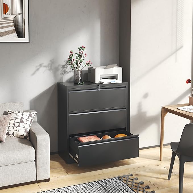 3 Drawer File Cabinet,Metal Lateral Filing Cabinet with Lock,Home Office Storage Organizer Cabinet for Legal/Letter/A4/F4 Size Files,35.5" W,Black