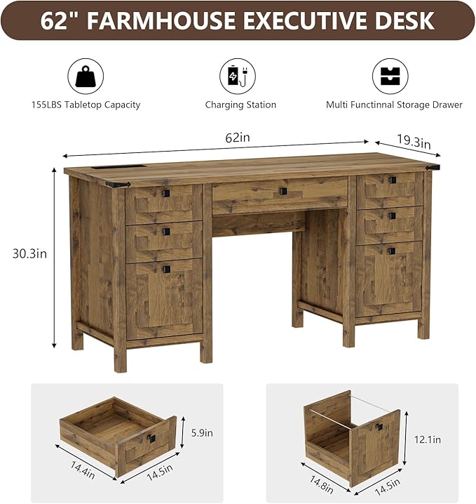 Farmhouse Executive Desk with Drawers - 62" W Farmhouse Computer Desk with Power Outlets & USB Charging, Heavy Duty Storage Desk for Home Office & Study.Vintage