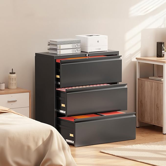 Superday Lateral File Cabinet 3 Drawer Metal File Cabinet with Lock, Black Filing Cabinets for Home Office, Locking Filing Cabinets Hanging Files Letter/Legal/F4/A4