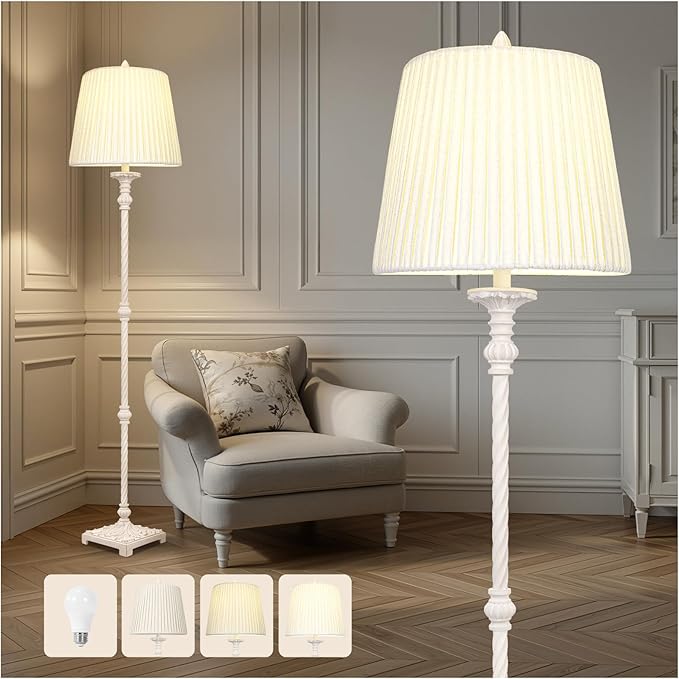 Vintage Floor Lamp for Living Room with 3-Way Dimmable LED Bulb, 66" Tall Rustic Standing Lamp for Bedroom with Linen Pleated Shade and Rotary Switch, Retro Farmhouse Corner Lamp for Office, House