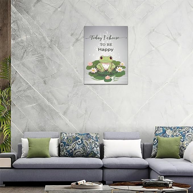 yerretin Frog Wall Art Funny Frog Lotus Pictures Wall Decor Flower Canvas Painting Modern Artwork Home Decorations for Bathroom Living Room Bedroom Office Framed 12"x16"