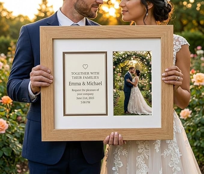 Poster Palooza Wedding Invitation Display Frame 10x11.25 in Natural With White and Pink Double Mat for 4.25x5.5 A2 Keepsake | USA Made