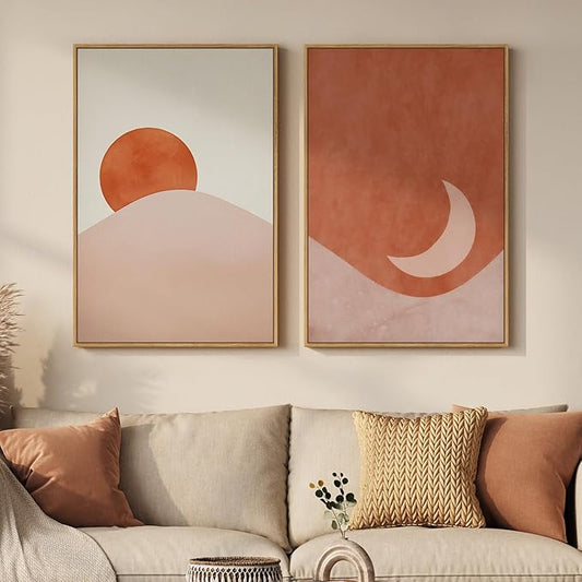Framed Boho Sun and Moon Wall Art Set of 2 for Living Room, Terracotta Blush Mid Century Modern Canvas Artwork for Walls, Bohemian Abstract Minimalist Wall Decor for Bedroom Home Office, 16x24 Inch