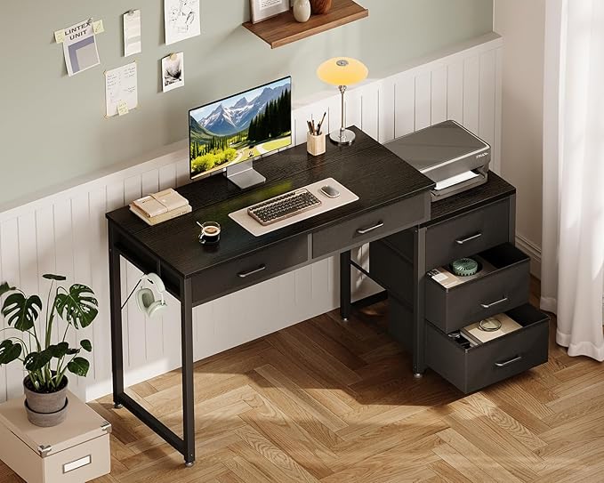 ODK Computer Desk with 5 Drawers, 53 Inch Office Desk with Printer Shelf, Reversible Gaming Desk for Home Bedroom, Writing Table Desk with Headphone Hook for Storage, Black
