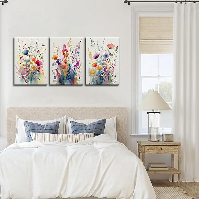 KISSFOX 3 Piece Canvas Wall Art Wildflowers Wall Decor Floral Pictures Botanical Paintings Colorful Prints Watercolor Artwork For Bedroom Bathroom Living Room